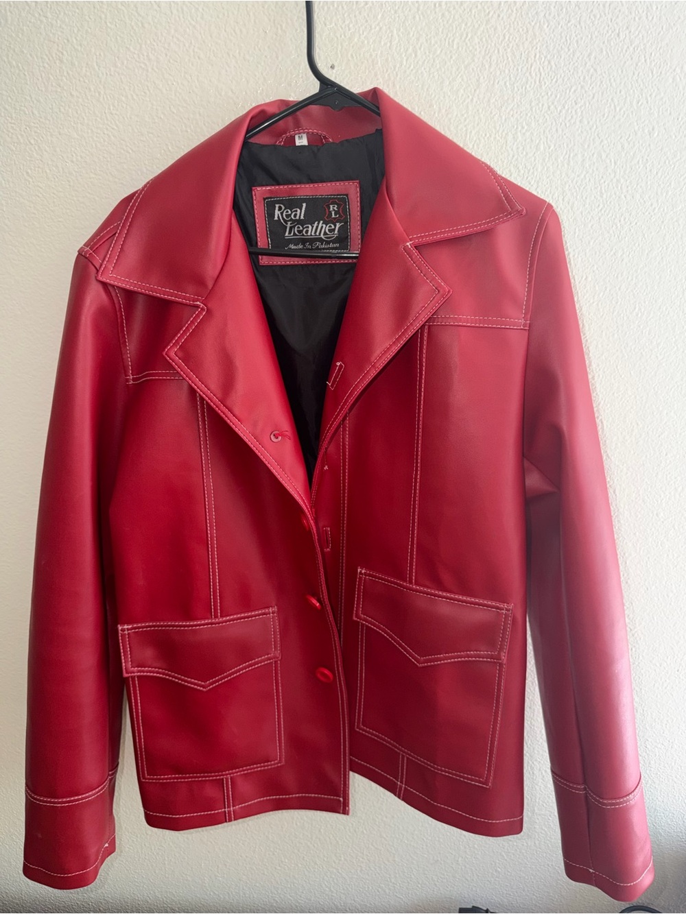 Real Leather Women's Red Button-Front Leather Jacket
